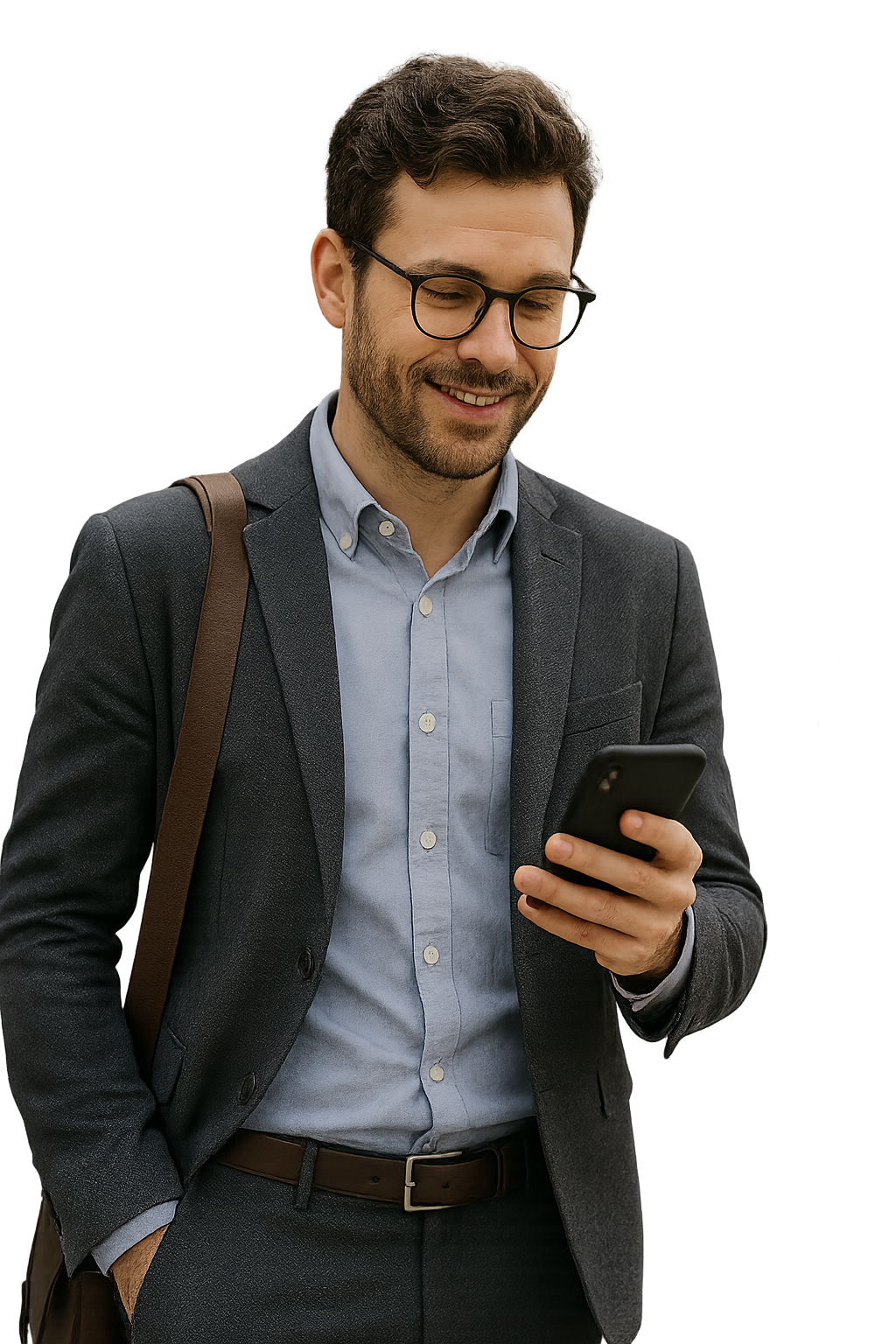 Empresário sorrindo usando smartphone